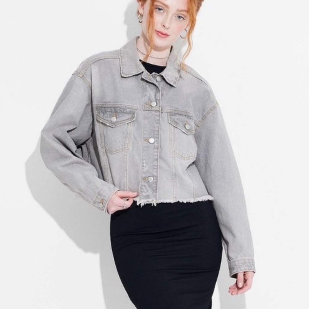 Grey Wash Distressed Crop Denim Jacket